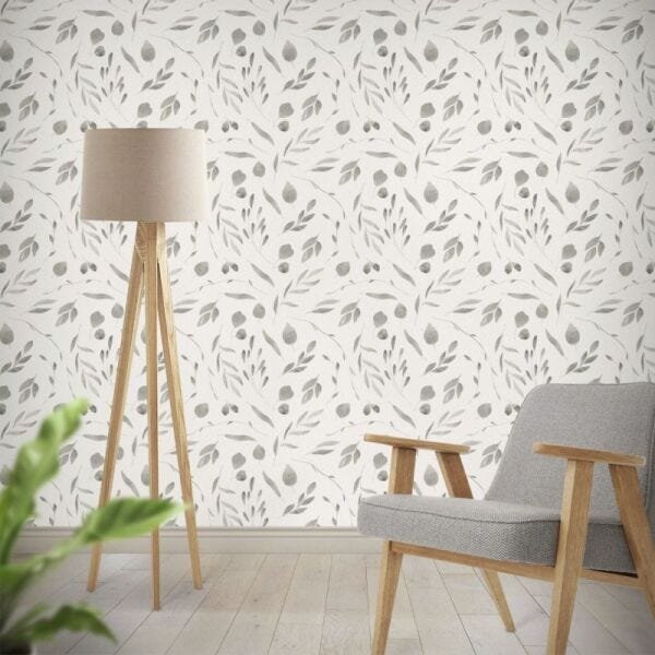 Papel de Parede folhagem em aquarela cinza - 1