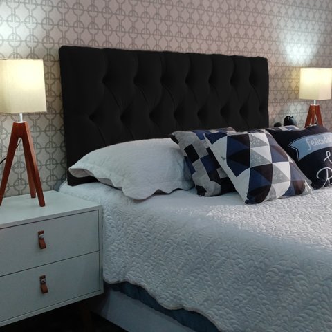 Cabeceira Queen 160 Cama Box Luna Capitone Preto Suede com Pés Rbl