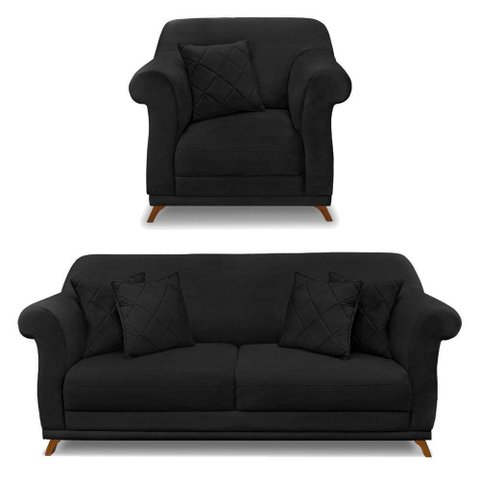 Kit Poltrona E Sofá 2 Lugares 1,60m Suede Pés Castanho Preto