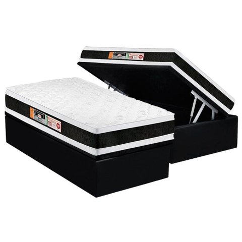 Cama Box Baú Solteiro: Colchão Espuma D45 Castor Black e White Air Double Face + Base Crc Suede