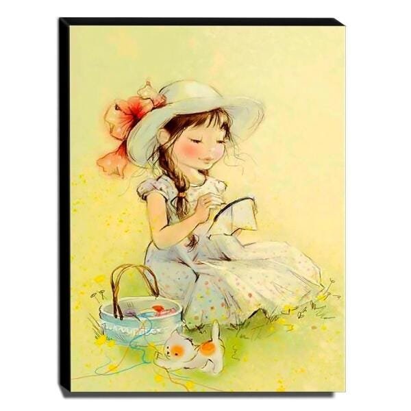 Quadro Infantil Vintage Menina e Gatinho Canvas 40x30cm-INF455 - 1
