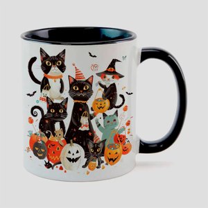 Caneca Branca com Interna Preta Y5 Gato Halloween Abobora 52