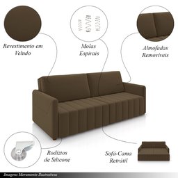 Sofá-cama Decorativo Retrátil Thanos 2 Lugares 192cm Veludo Marrom G45 - Gran Belo - 3