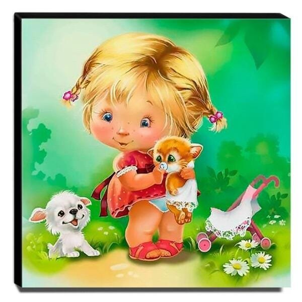Quadro Infantil Vintage Menina e Animais Canvas 30x30cm-INF478 - 1