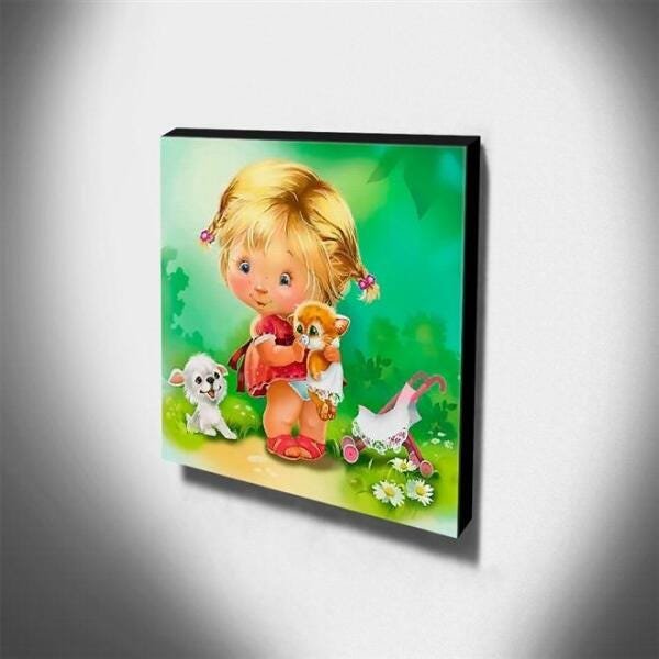 Quadro Infantil Vintage Menina e Animais Canvas 30x30cm-INF478 - 3