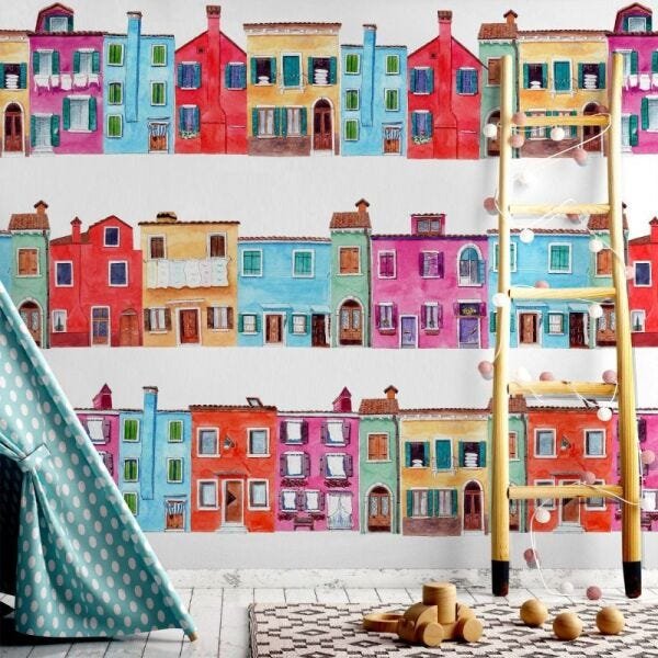Papel de Parede cortiços vila em aquarela - 2