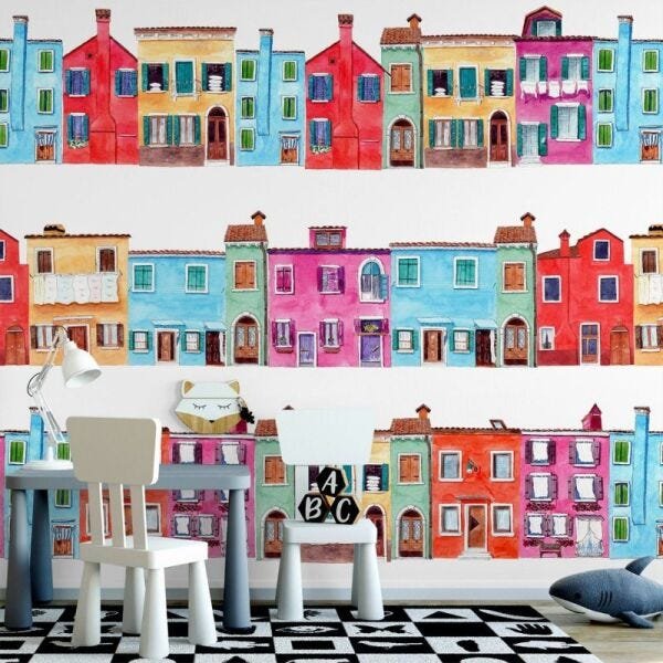 Papel de Parede cortiços vila em aquarela - 1