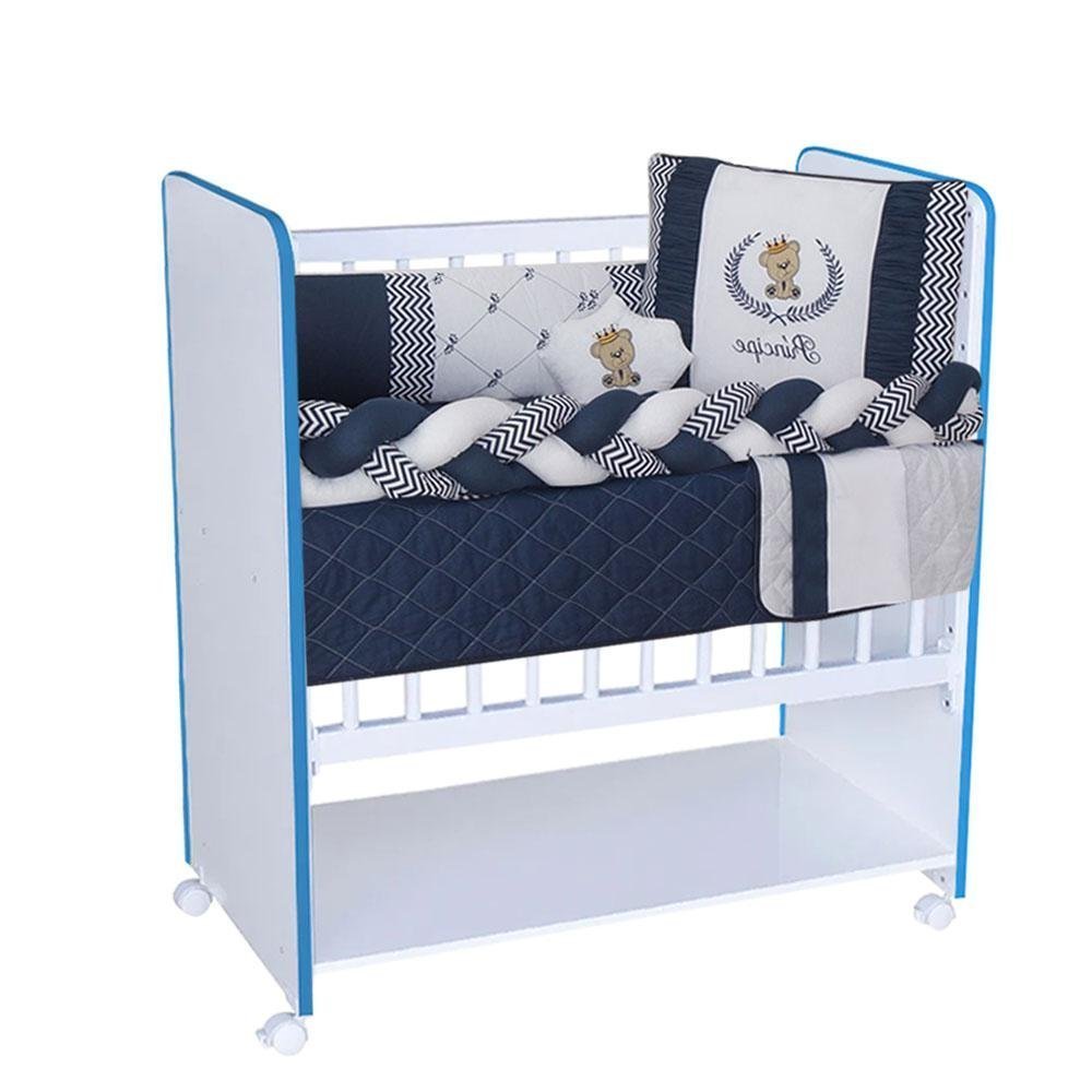 Mini Berço Bed Side New Baby com Colchão e Grade Móvel - D`rost - Branco/azul