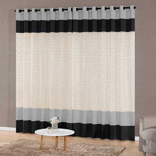 Cortina com Renda para Sala 3,00m x 2,50m Dubai para Decoração SupriLares Cinza com Preto - 1