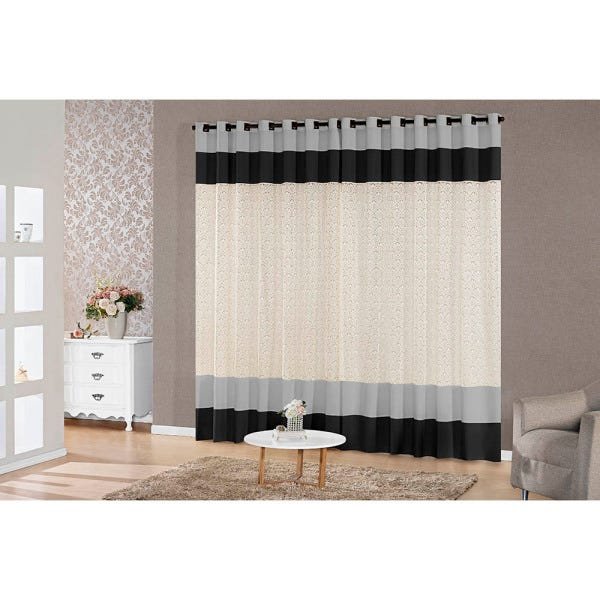 Cortina com Renda para Sala 3,00m x 2,50m Dubai para Decoração SupriLares Cinza com Preto - 2
