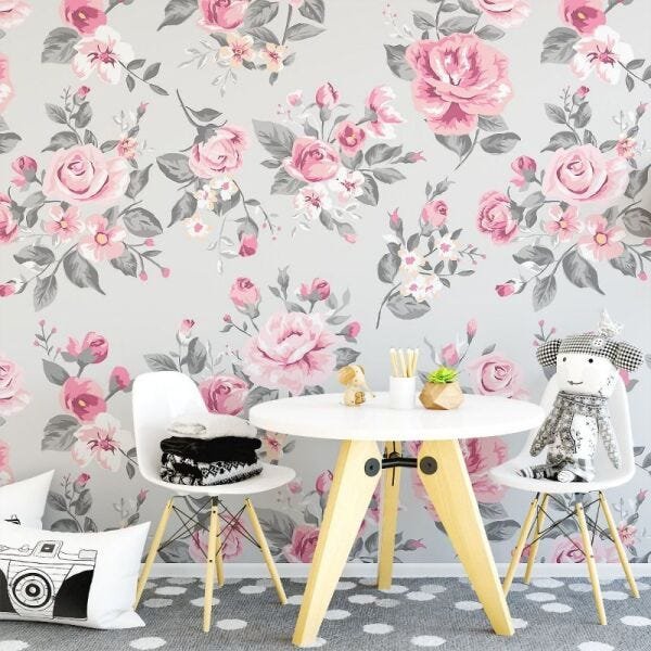 Papel de Parede floral vintage rosa e cinza - 2