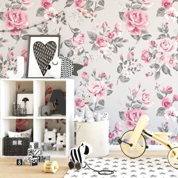 Papel de Parede floral vintage rosa e cinza - 1