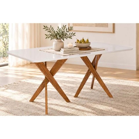 Mesa Cozinha Cacau Madeira c/Vidro 210cm Madeira/Off Cimol