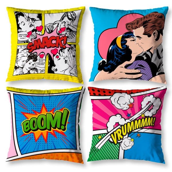 Kit 4 Capas de Almofada 40cm x 40cm Estampada Pop Art Zíper Invisível - 1
