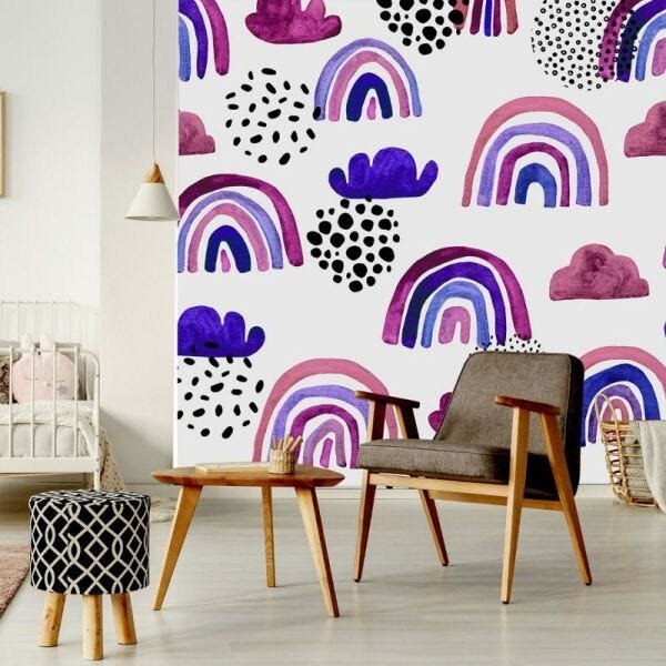 Papel de Parede nuvens e arco-íris em aquarela - 1