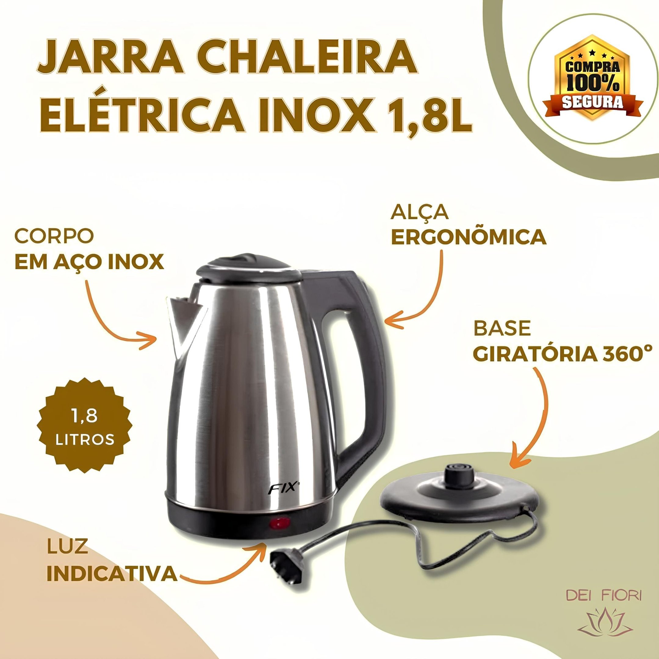 Jarra Bule Chaleira Eletrica 110v Inox 1,8 Lts Segura Ferve Rapido Economica Desligamento Automatico - 4