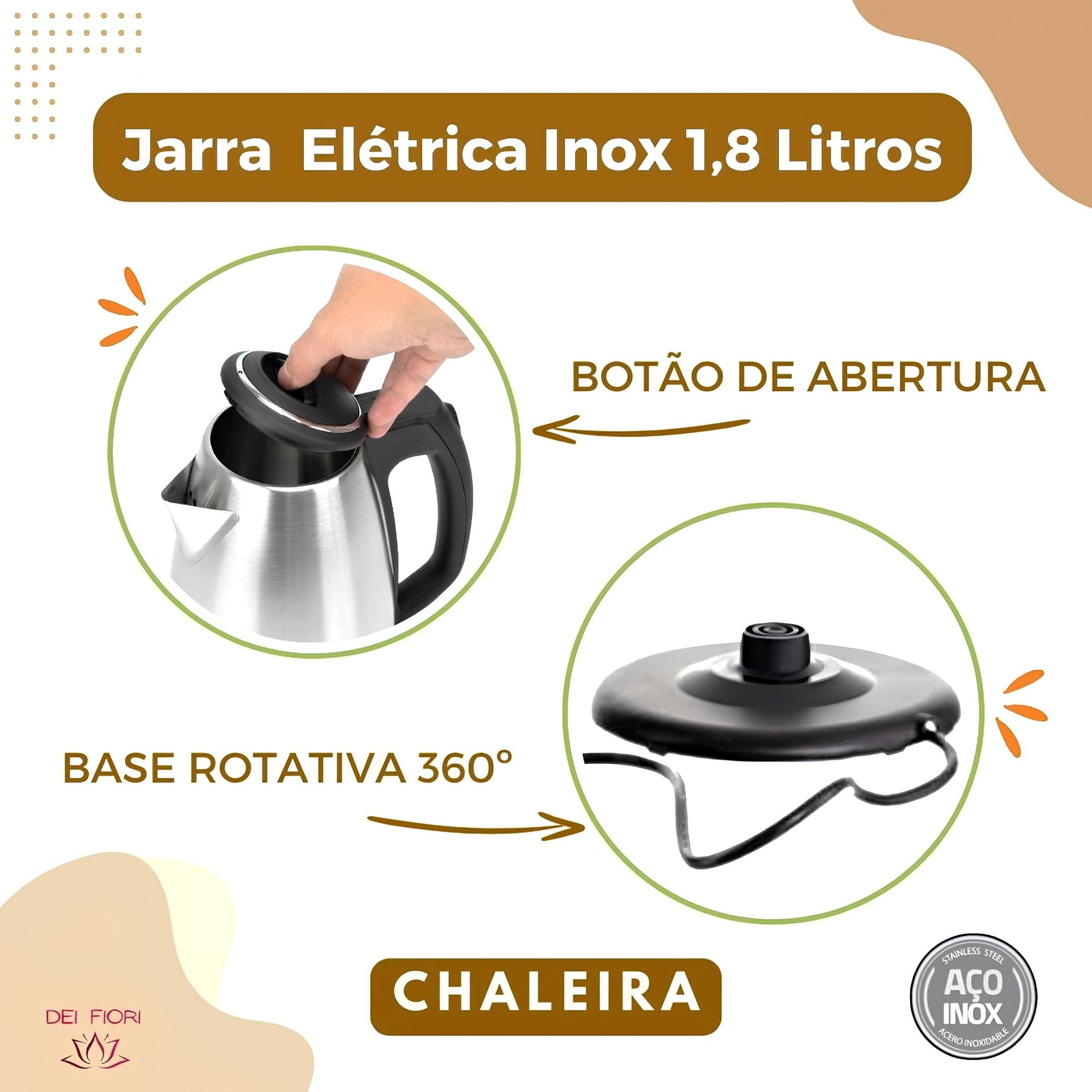 Jarra Bule Chaleira Eletrica 110v Inox 1,8 Lts Segura Ferve Rapido Economica Desligamento Automatico - 2