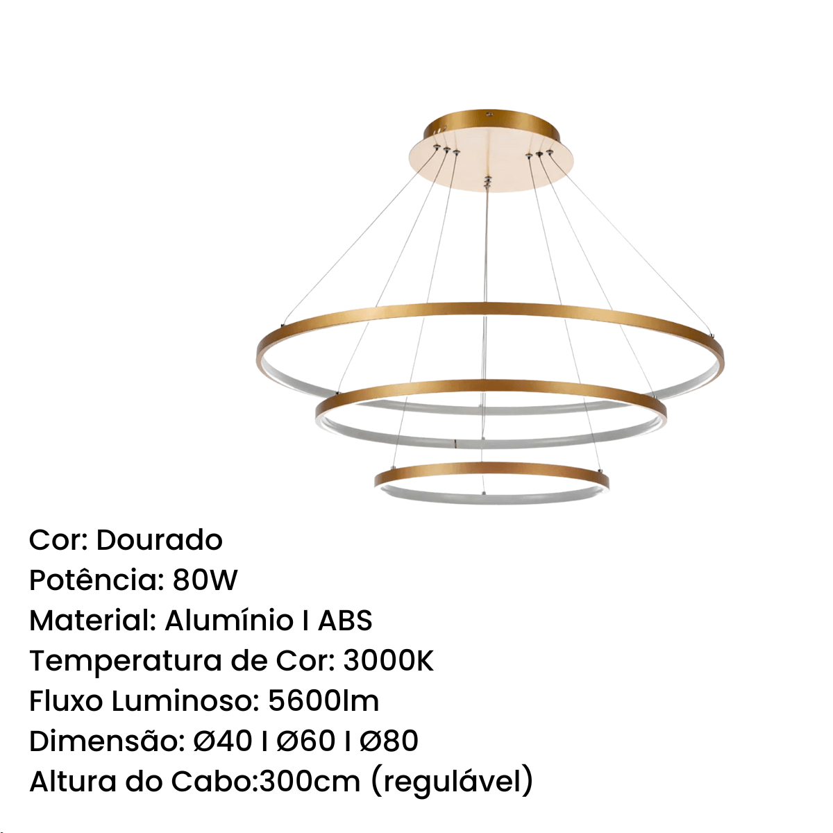 Lustre Pendente 3 Anéis Dourado 80w Luz 3000k Led Integrado Bivolt - 10