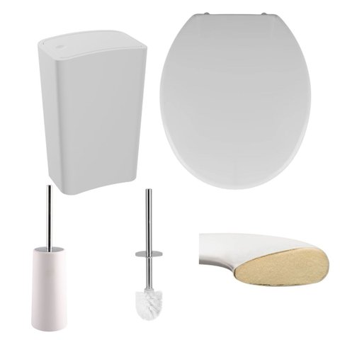 Assento Sanitário Almofadado Oval Branco + Lixeira Branca 8l Tampa Click + Escova Sanitária Base Bra
