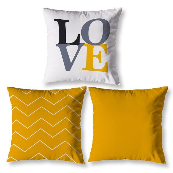 Kit 3 Almofadas Cheias Love 40cm Sala Quarto Zíper Amarelo - 1