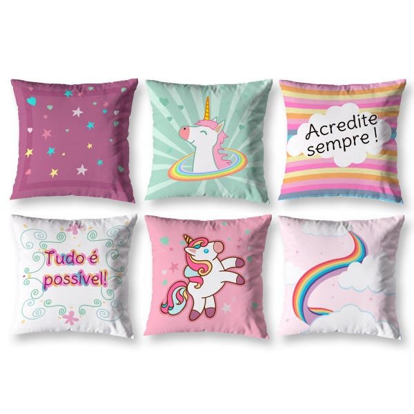 Kit 6 Almofadas Sala Quarto 40cm x 40cm Unicórnio Infantil Meninas - 1