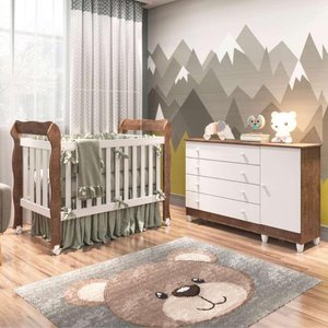 Quarto de Bebê Taís Berço 3 em 1 Lila Cômoda Infantil 4 Gavetas com Porta Amadeirado Carolina