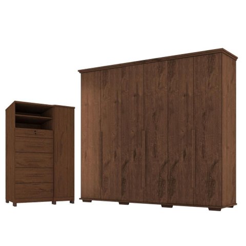 Guarda Roupa Casal Everest 6 Portas com Cômoda Sapateira Imperial 5 Gavetas Jacarandá Fosco-