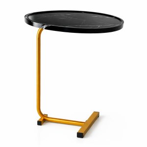 Mesa Lateral Vitino Siena Noir Tampo Mdf Oval Marmorizado Base Dourada