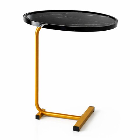 Mesa Lateral Vitino Siena Noir Tampo Mdf Oval Marmorizado Base Dourada