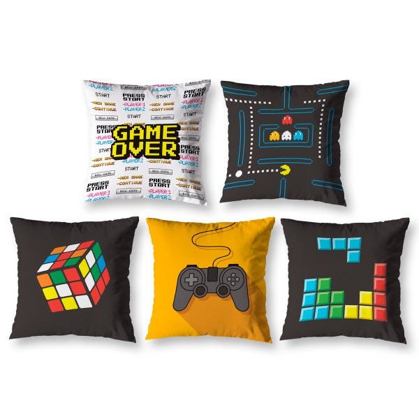 Kit 5 Capas de Almofada 40cm x 40cm Video Game Vintage Estampada Ziper Invisivel - 1
