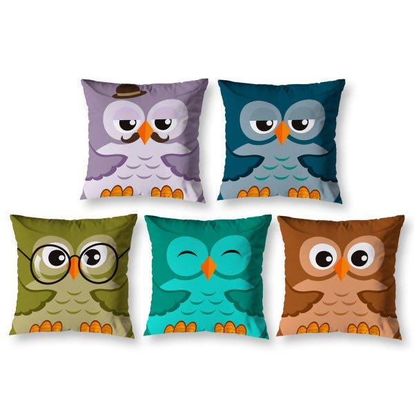 Kit 5 Capas de Almofada 40cm x 40cm Corujas Estampada Ziper Invisivel - 1