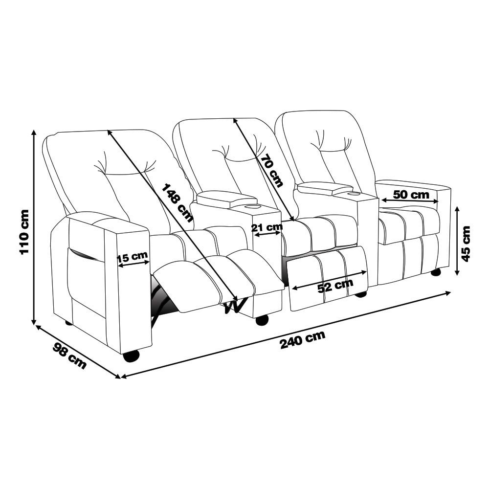 Poltrona do Papai Reclinável 3 Lugares Sala de Cinema Pequim Manual PU Preto G23 - Gran Belo - 4