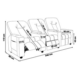 Poltrona do Papai Reclinável 3 Lugares Sala de Cinema Pequim Manual PU Preto G23 - Gran Belo - 4