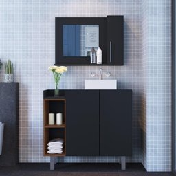 Conjunto Para Banheiro Balcão + Espelheira Criando Mobilia 3 Portas Preto/Madeirado - 1