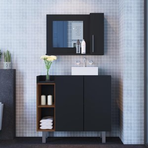 Conjunto Para Banheiro Balcão + Espelheira Criando Mobilia 3 Portas Preto/Madeirado