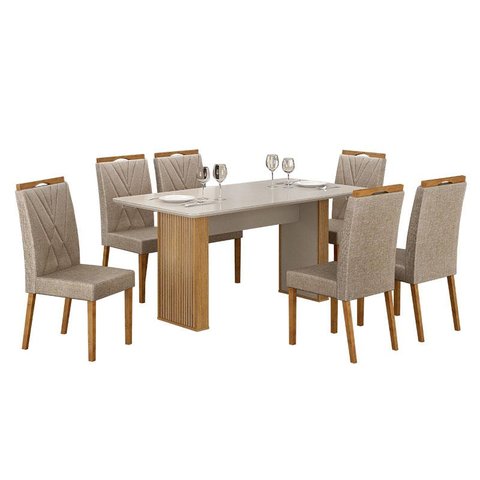 Mesa de Jantar Júlia 160x80cm Cinamomo Off White com 6 Cadeiras Lara Linho Bege - Valdemóveis