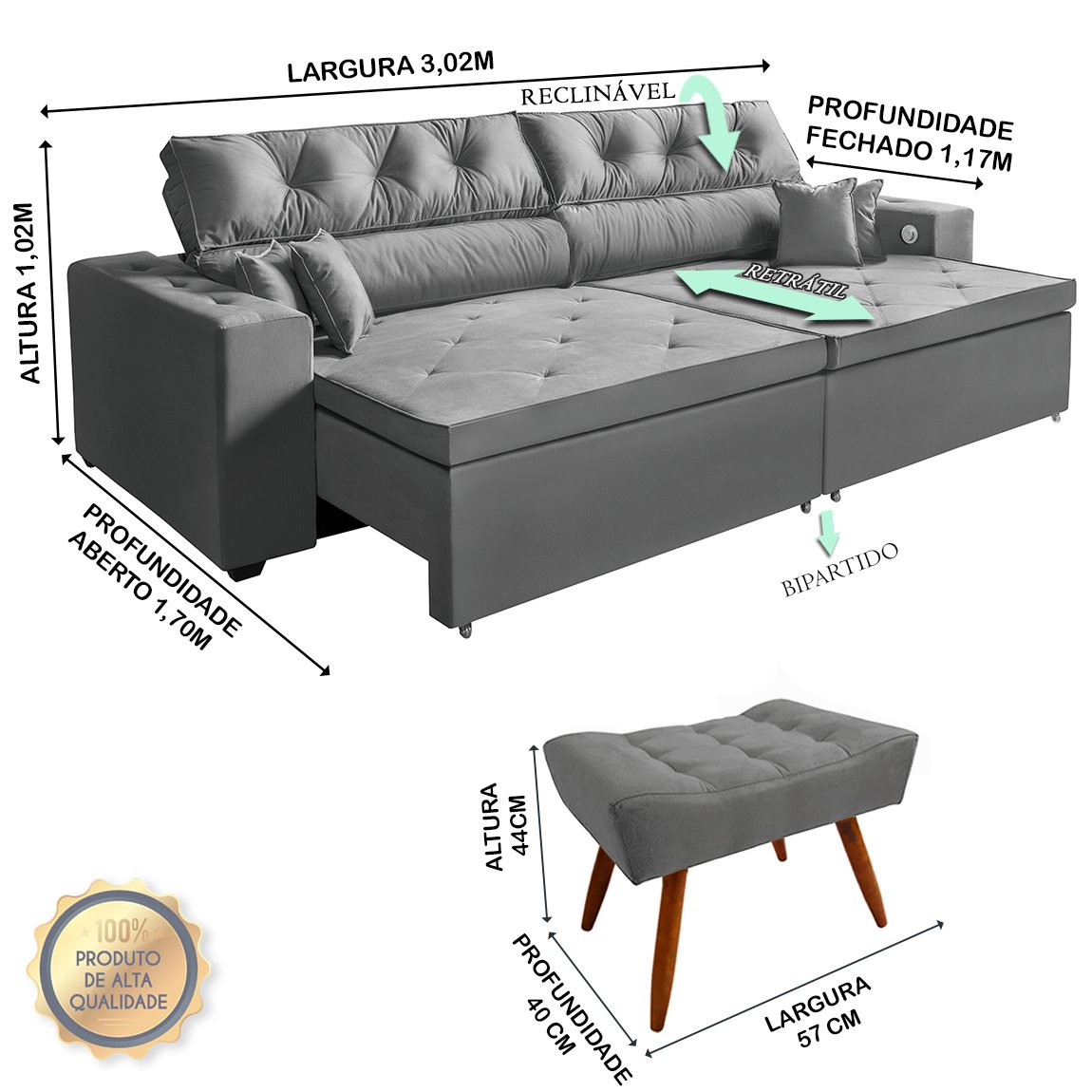 Sofá 5 Lugares Smart Cinza Retrátil, Reclinável 3,02 Metros com Carregador USB e 2 Puffs - 5