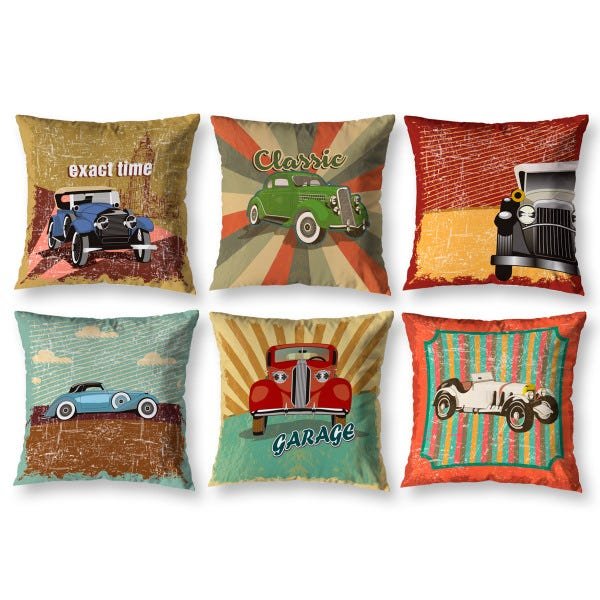 Kit 6 Capas de Almofada Sala Quarto 40cm x 40cm Carros Antigos Vintage - 1