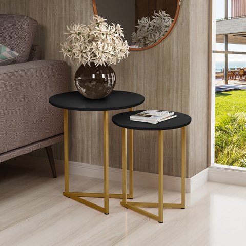 Conjunto de Mesa De Canto Jade Sala Estar Pé de Aço Dourado