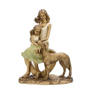 Escultura Decorativa em Resina Mãe e Filha com Cachorro
