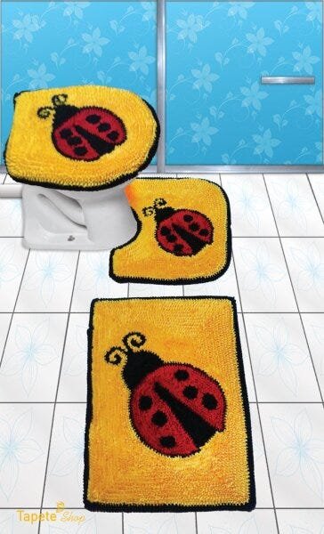 Jogo De Tapetes Para Banheiro Formato Joaninhas Vermelhas com Amarelo - Frufru - 1