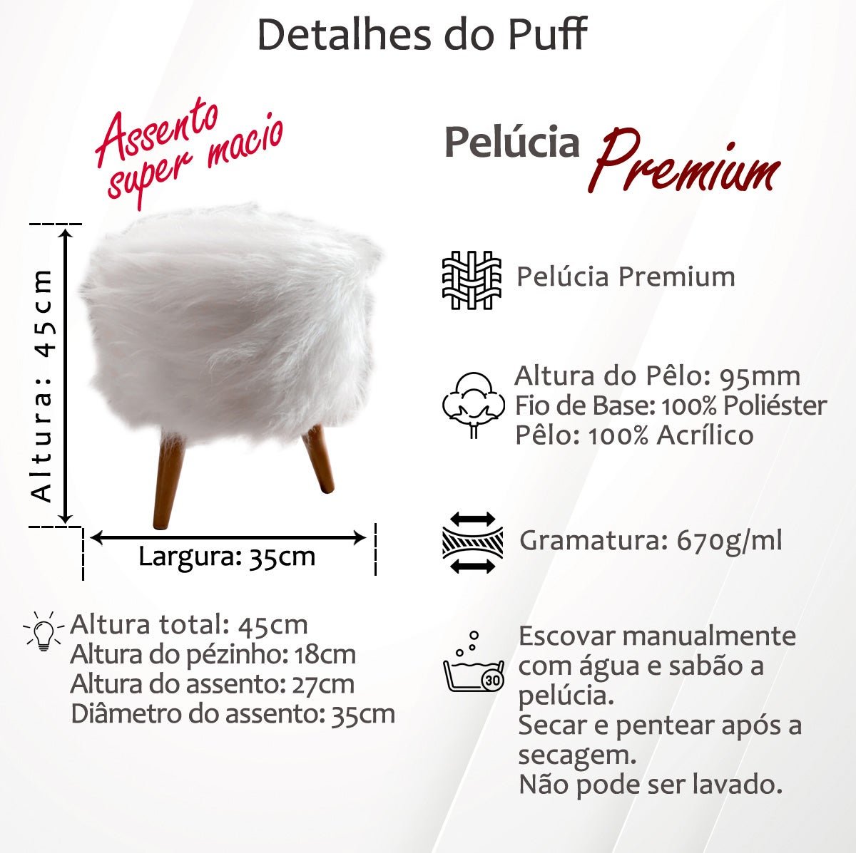 Puff Pelúcia Premium Redondo Decorativo Peludo Pelo Alto Pés Madeira Palito com Enchimento: Cinza - 4