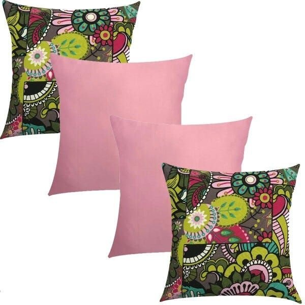 Kit 4 Capas de Almofadas Romero Britto Iii e Rosa Liso 45cmx45cm - 1
