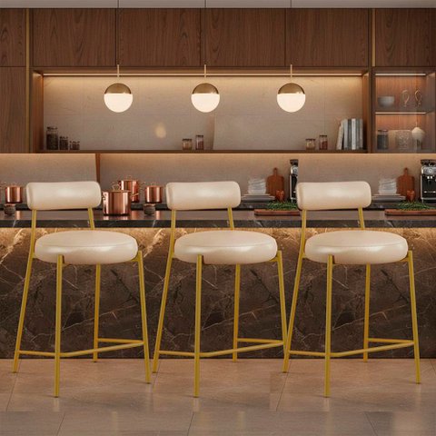 Banqueta Cozinha Alta com Encosto Kit 3 Industrial Dourado Londres PU Facto D03 - D'Rossi