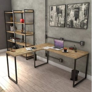 Mesa de Escritório em L Estilo Industrial 1,50x1,50M Kuadra - Nogal