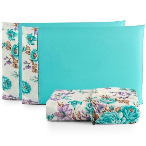 Jogo de Lençol Casal 3 Peças 180 Fios Algodão Estampado:floral-tifanny