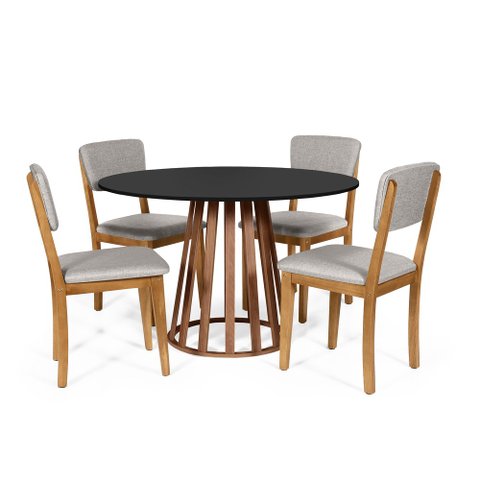 Mesa de Jantar Redonda Gabi Pret/nor com 4 Cadeiras Estofadas Ella Cinza Claro