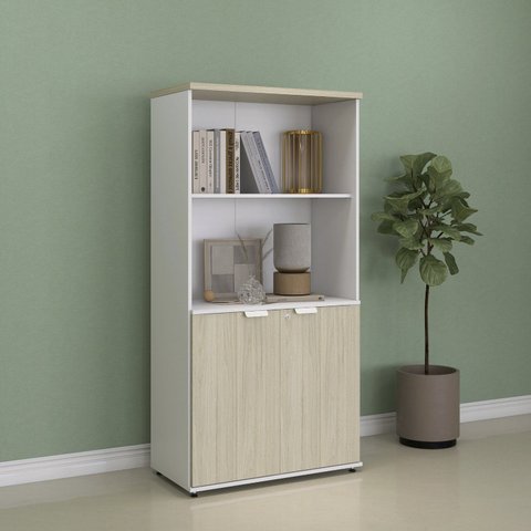 Armário Misto para Escritório com Nicho e Portas com Chave 159,6cm P25 Branco/Castanheira Marrom
