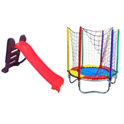 Kit Rosa Cama Elástica 1,50m + Escorregador Médio 3 Degraus - 1