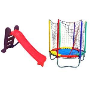 Kit Rosa Cama Elástica 1,50m + Escorregador Médio 3 Degraus